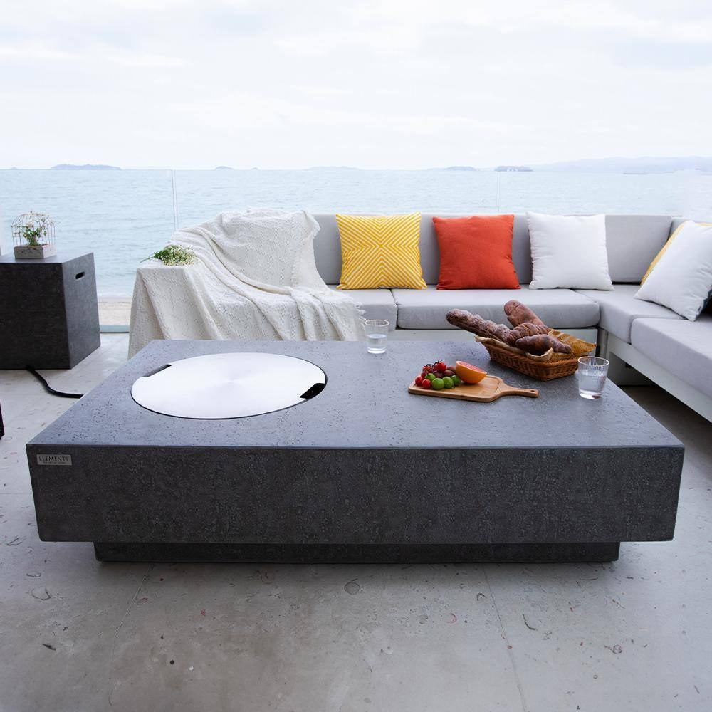 Metropolis Outdoor Fire Pit 56 In. X 32 In. Rectangular Concrete Propane Fire Table with Lava Rocks and Cover