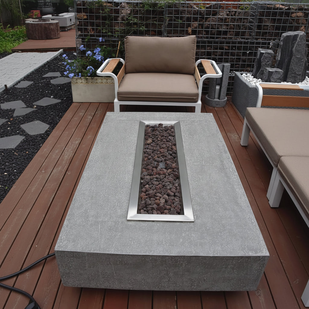 Hampton Fire Table Outdoor Fire Pit 56" X 32" Cast Concrete Firepit Includes Lava Rocks 45,000 Btus Outdoor Fireplace for Patio Furniture Set, Deck, Porch, Outdoor Heater - Liquid Propane