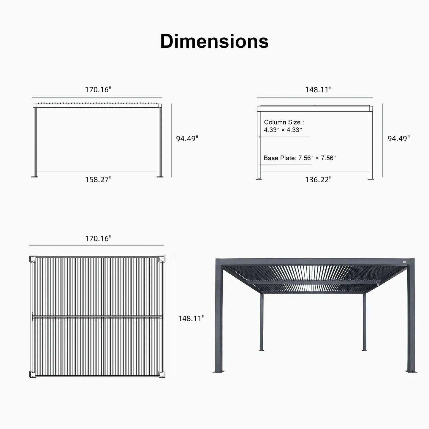 Grey Louvered Pergola Outdoor Aluminum Pergola with Adjustable Roof for Patio Grey Hardtop Gazebo