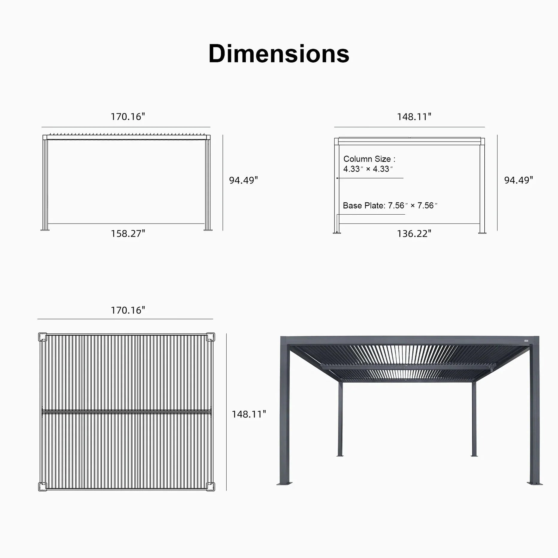 Grey Louvered Pergola Outdoor Aluminum Pergola with Adjustable Roof for Patio Grey Hardtop Gazebo
