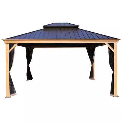 Apollo 12 Ft. X 14 Ft. Wood like Aluminum Hardtop Gazebo with Galvanized Steel Roof and Mosquito Net