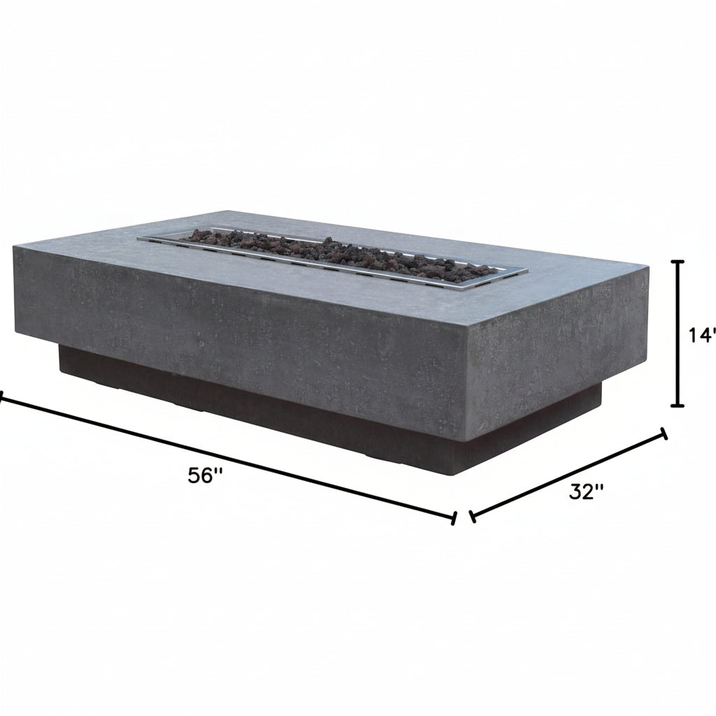 Hampton Fire Table Outdoor Fire Pit 56" X 32" Cast Concrete Firepit Includes Lava Rocks 45,000 Btus Outdoor Fireplace for Patio Furniture Set, Deck, Porch, Outdoor Heater - Liquid Propane