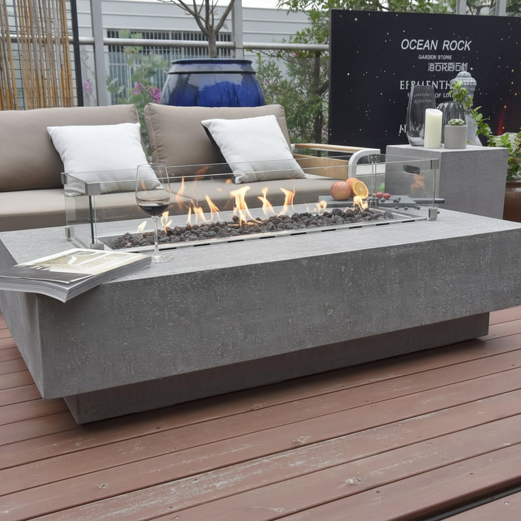 Hampton Fire Table Outdoor Fire Pit 56" X 32" Cast Concrete Firepit Includes Lava Rocks 45,000 Btus Outdoor Fireplace for Patio Furniture Set, Deck, Porch, Outdoor Heater - Liquid Propane