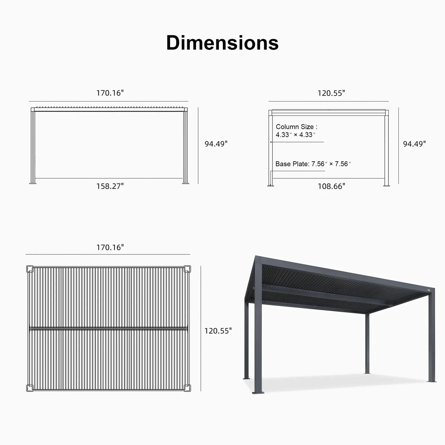 Grey Louvered Pergola Outdoor Aluminum Pergola with Adjustable Roof for Patio Grey Hardtop Gazebo