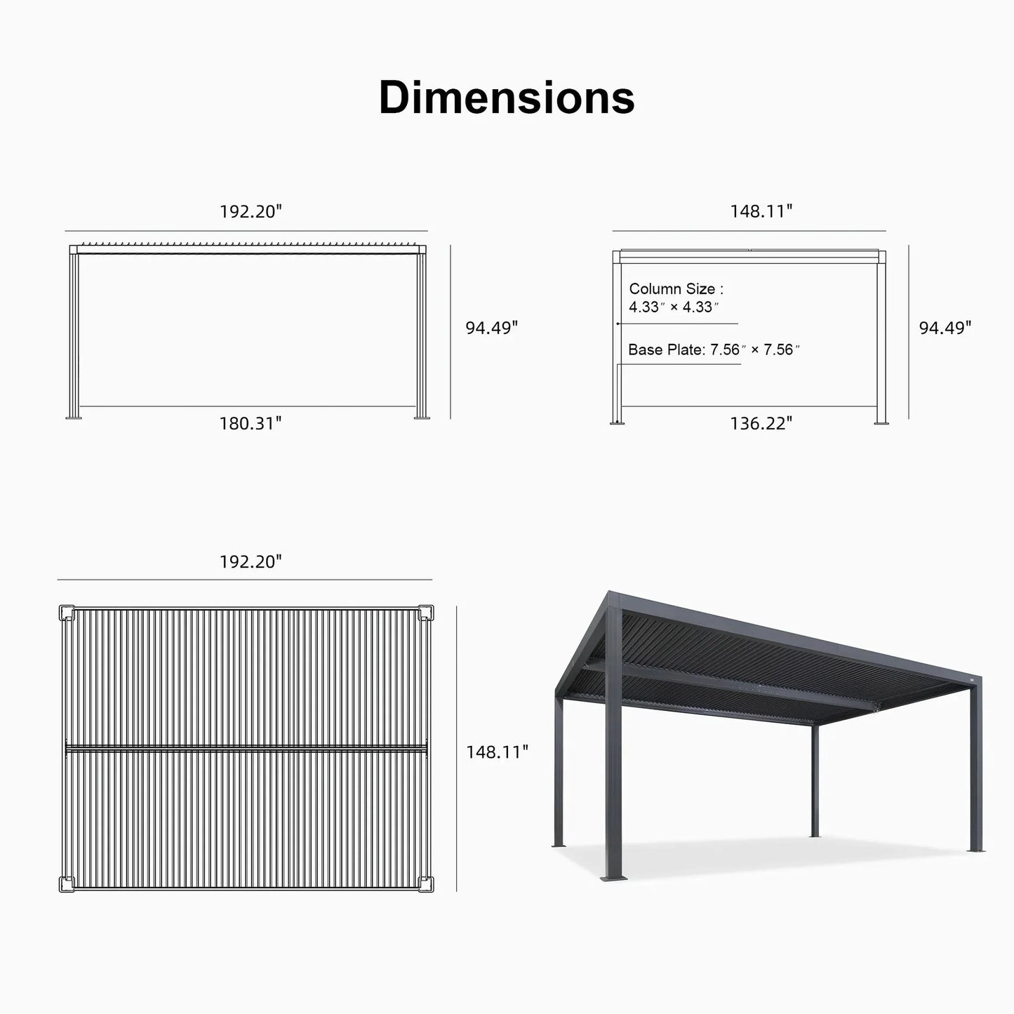 Grey Louvered Pergola Outdoor Aluminum Pergola with Adjustable Roof for Patio Grey Hardtop Gazebo