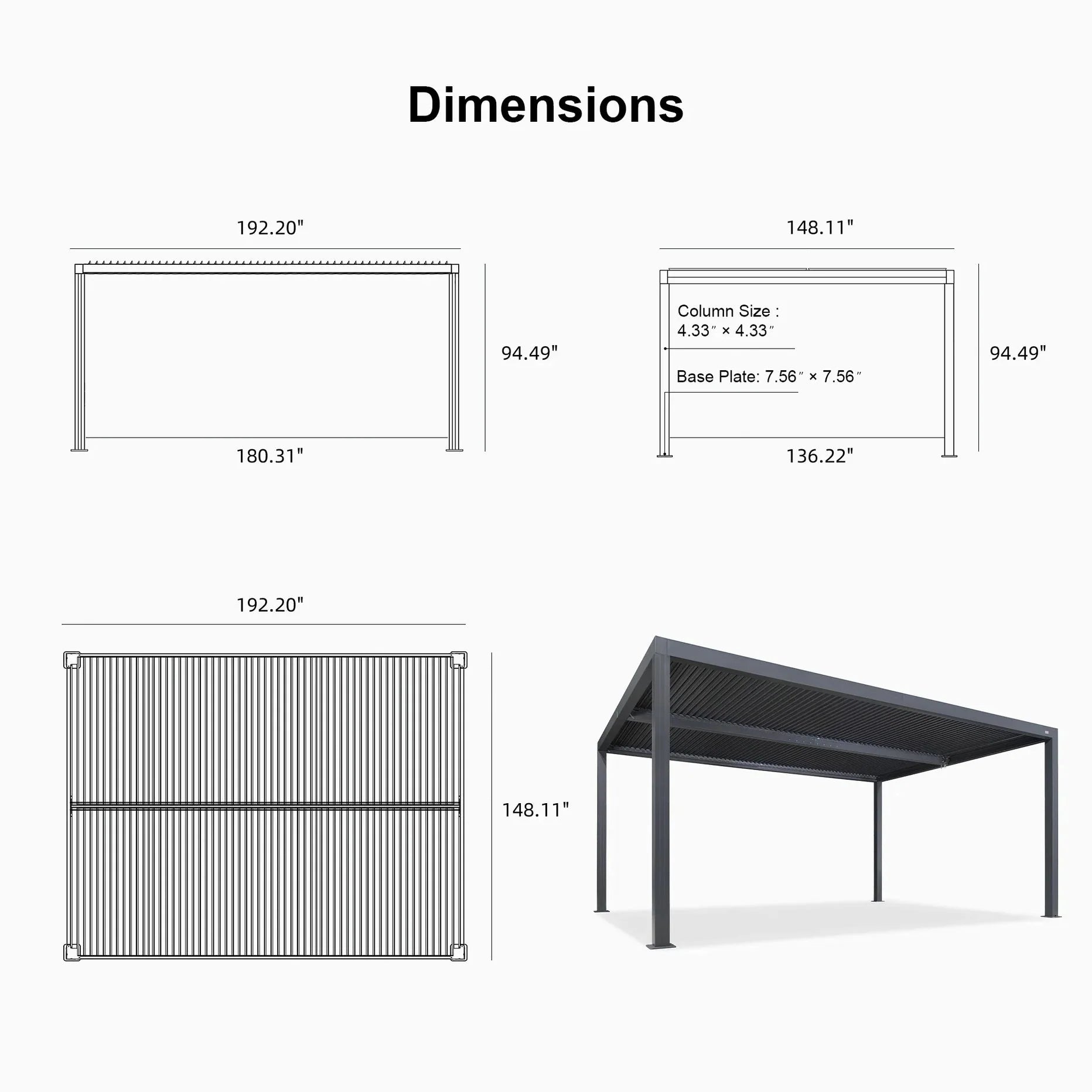 Grey Louvered Pergola Outdoor Aluminum Pergola with Adjustable Roof for Patio Grey Hardtop Gazebo
