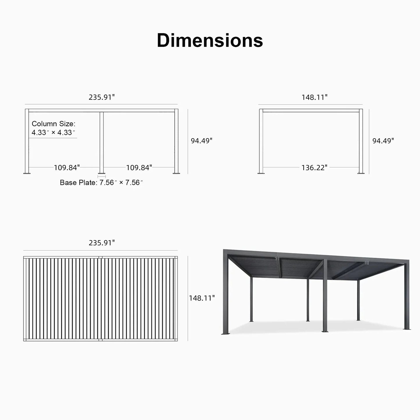 Grey Louvered Pergola Outdoor Aluminum Pergola with Adjustable Roof for Patio Grey Hardtop Gazebo
