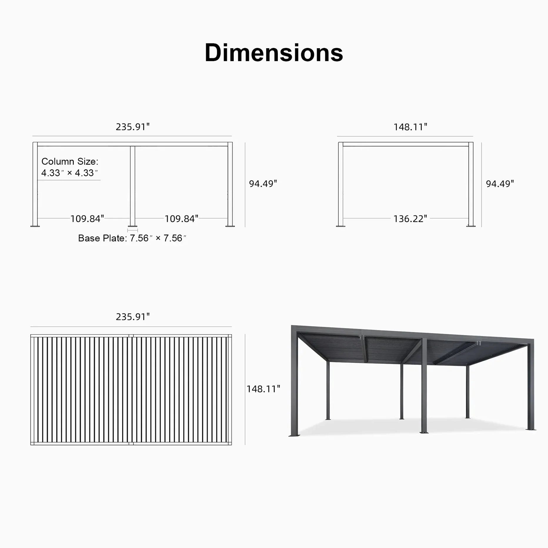 Grey Louvered Pergola Outdoor Aluminum Pergola with Adjustable Roof for Patio Grey Hardtop Gazebo
